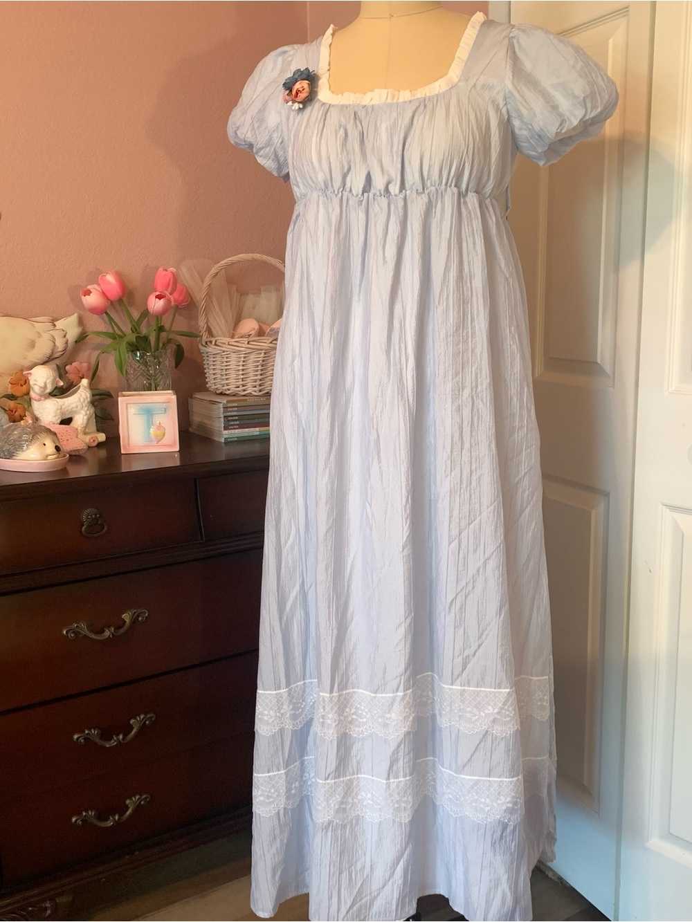 Light Blue Cotton Empire Waist Bridgerton Maxi Dress with Lace Trim